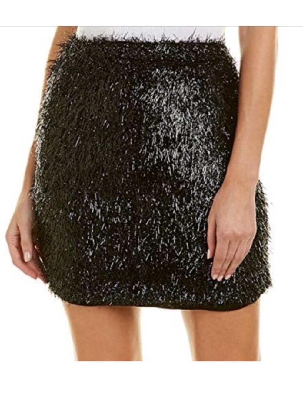 French Connection Simone Tassel Jersey Skirt Black Tinsel Mini Size Medium